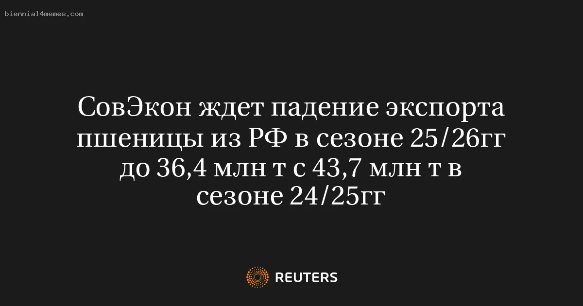 СовЭкон ждет падение экспорта пшеницы из РФ в сезоне 25/26гг до 36,4 млн т с 43,7 млн т в сезоне 24/25гг