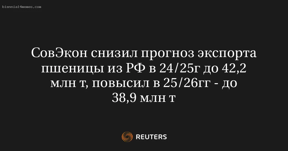 СовЭкон снизил прогноз экспорта пшеницы из РФ в 24/25г до 42,2 млн т, повысил в 25/26гг - до 38,9 млн т