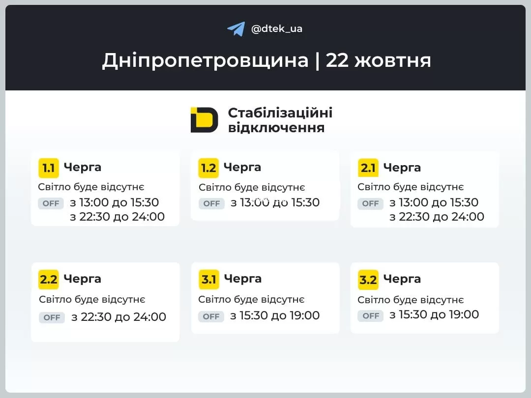 График отключения света Днепропетровская область