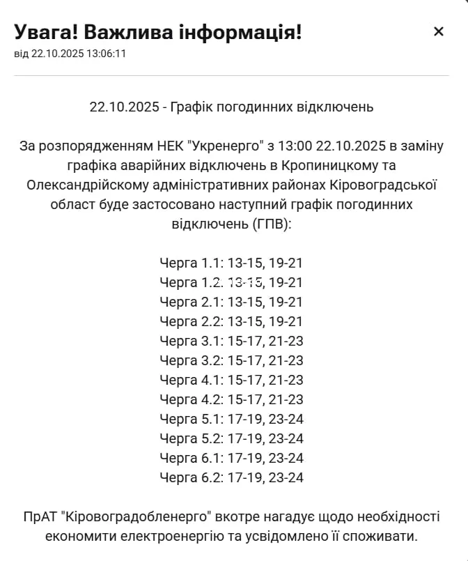 Графики отключения света Кропивницкий