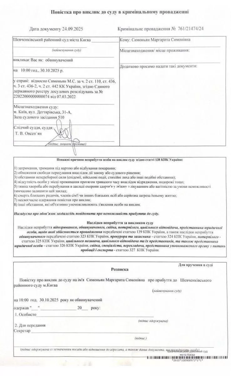 Повестка Маргариты Симоньян