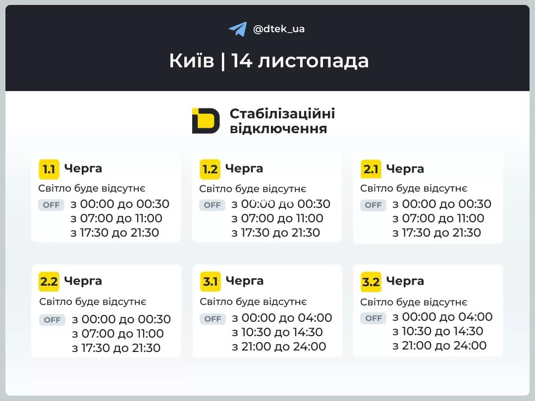 Графики отключений на 14 ноября - Киев