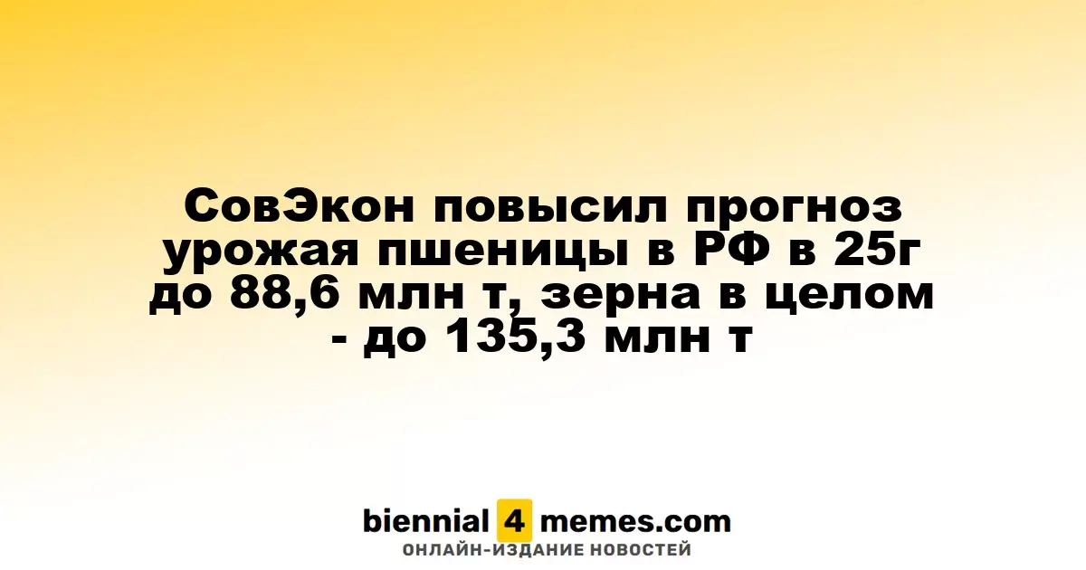 СовЭкон обновил прогноз урожая пшеницы в России на 2025 год до 88,6 млн тонн, общего объема зерна - до 135,3 млн тонн