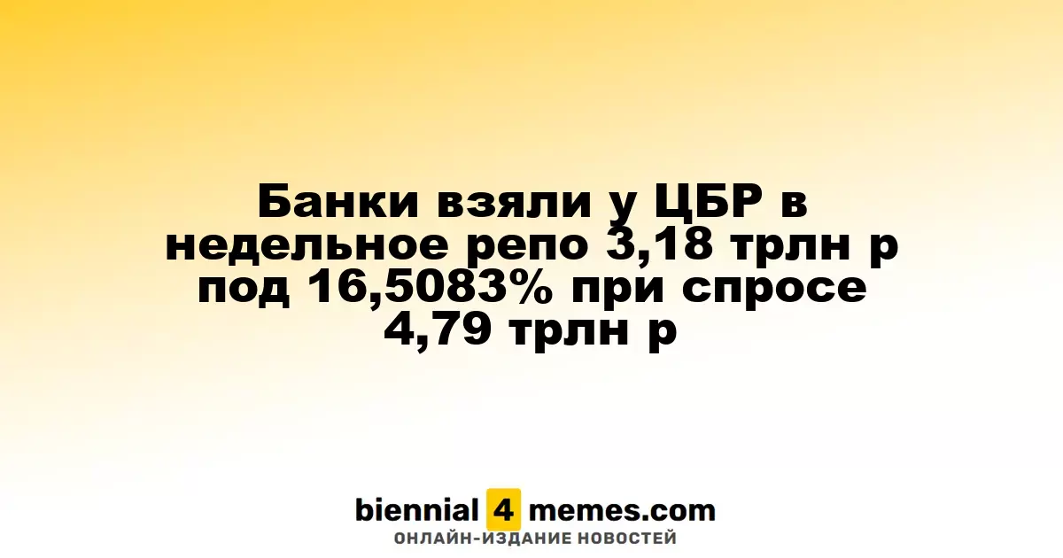 Финансовые учреждения получили от ЦБР 3,18 трлн рублей в недельном репо под 16,5083% при запросе 4,79 трлн рублей